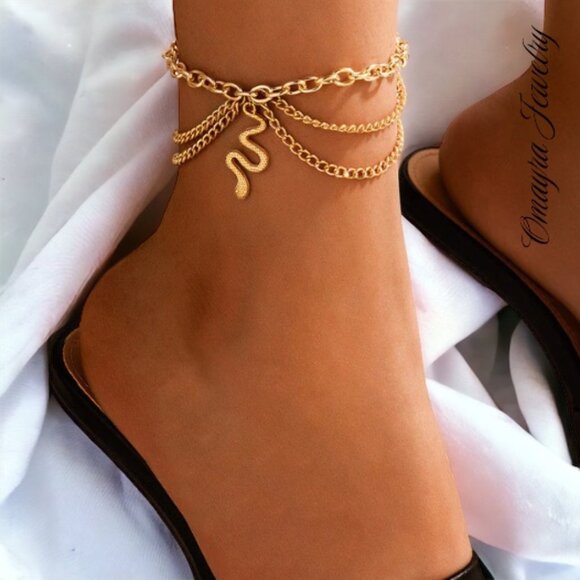 Gold Snake Multilayer Ankle Bracelet - Picture 1 of 5
